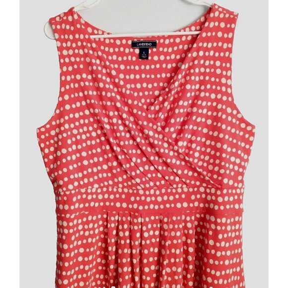 Lands' End Sleeveless V-Neck Dress Orange Red Polka Dot Stretch - 14/16 (L) - Picture 2 of 8